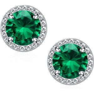 May 18k White Gold Emerald Birthstone Diamond Halo Stud Earrings S925 Gem Gift